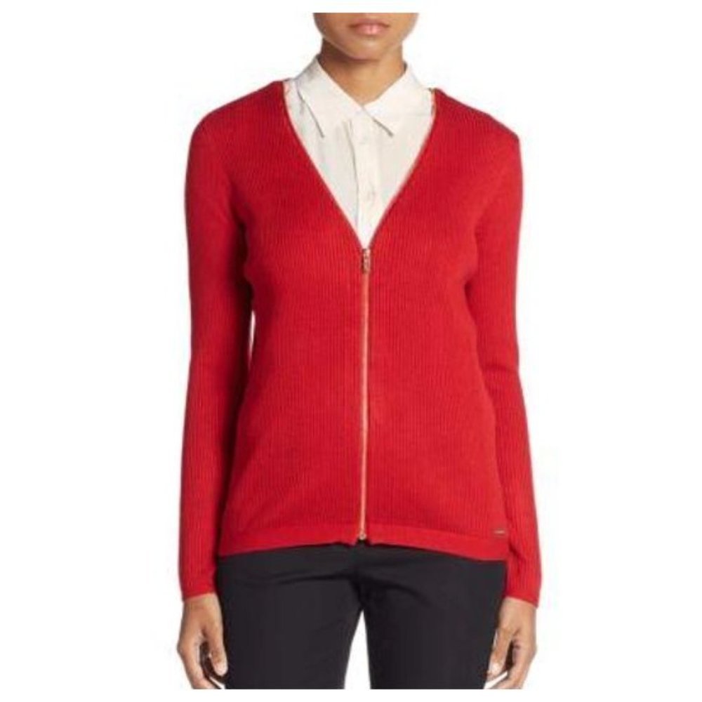 083 CALVIN KLEIN Red Ribbed Knit V-Neck Zip Front Cardigan Sweater sz S Women's - Picture 6 of 13